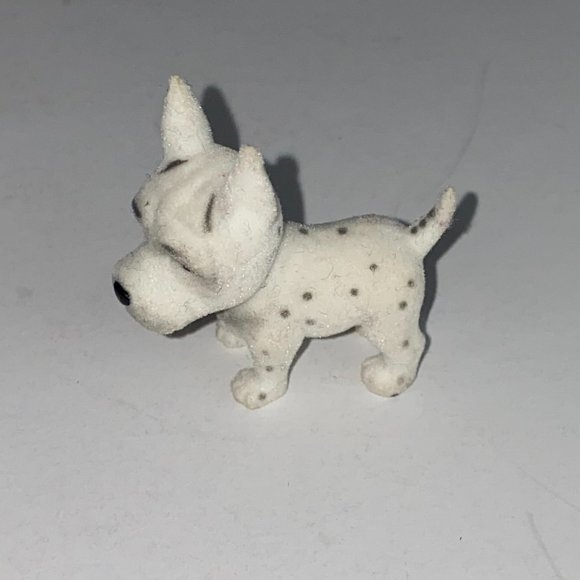 Pretend Play Velvety Flocked Miniature White Dog With Spots Pointed Ears Toy - Picture 2 of 9